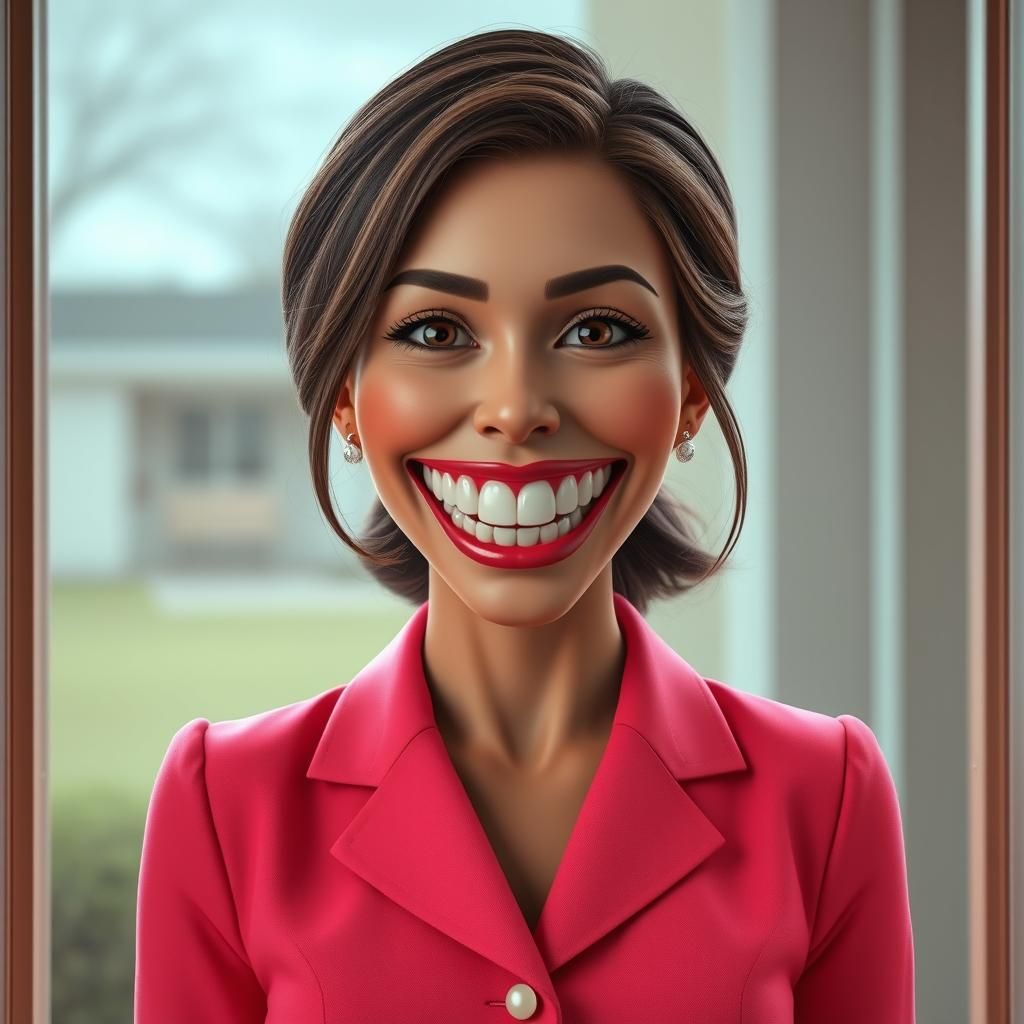 Unsettling Suburban Woman with a Perpetual Smile