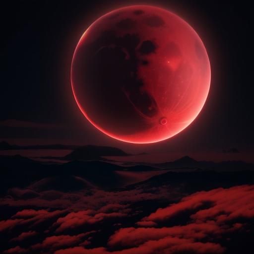 Dark Red Sky with Red Clouds and Moon