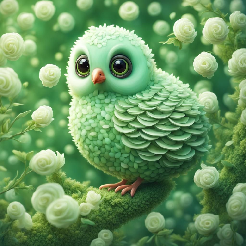Cute adorable round bird made of light sage green petals, hu...