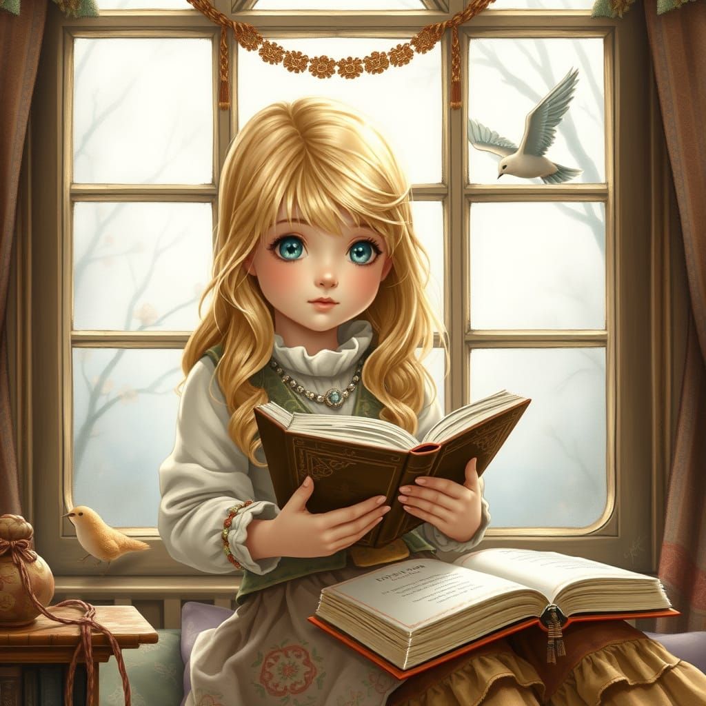 Girl Reading by Window in Art Nouveau Style