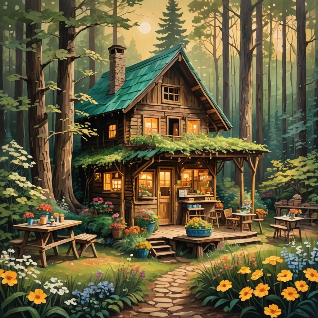 Cozy Food Stand in Forest Clearing, Enamel Painting