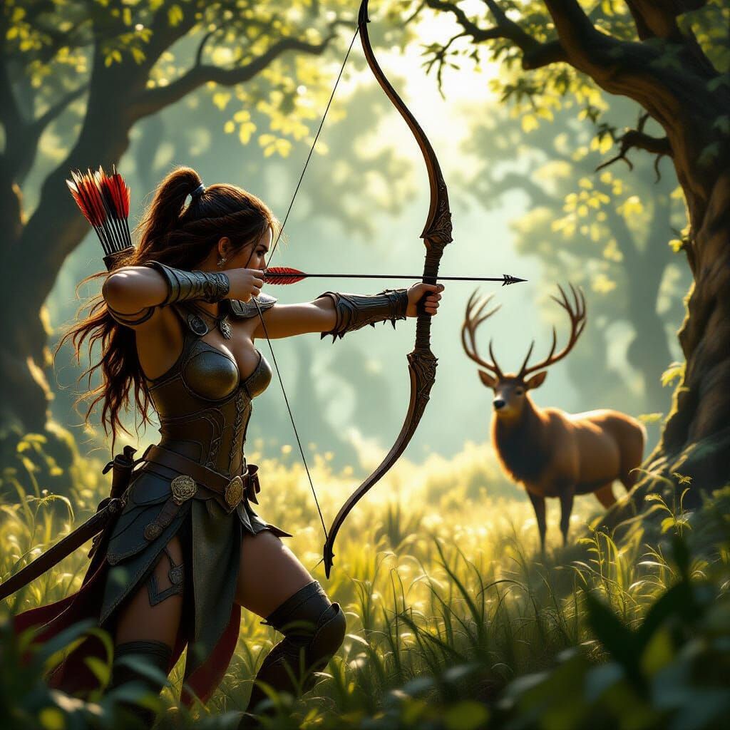 Female Hunter Aims Bow at Stag in Sun-Dappled Forest