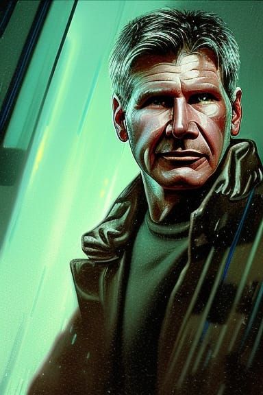 Rick Deckard Portrait in Cyberpunk Dystopia