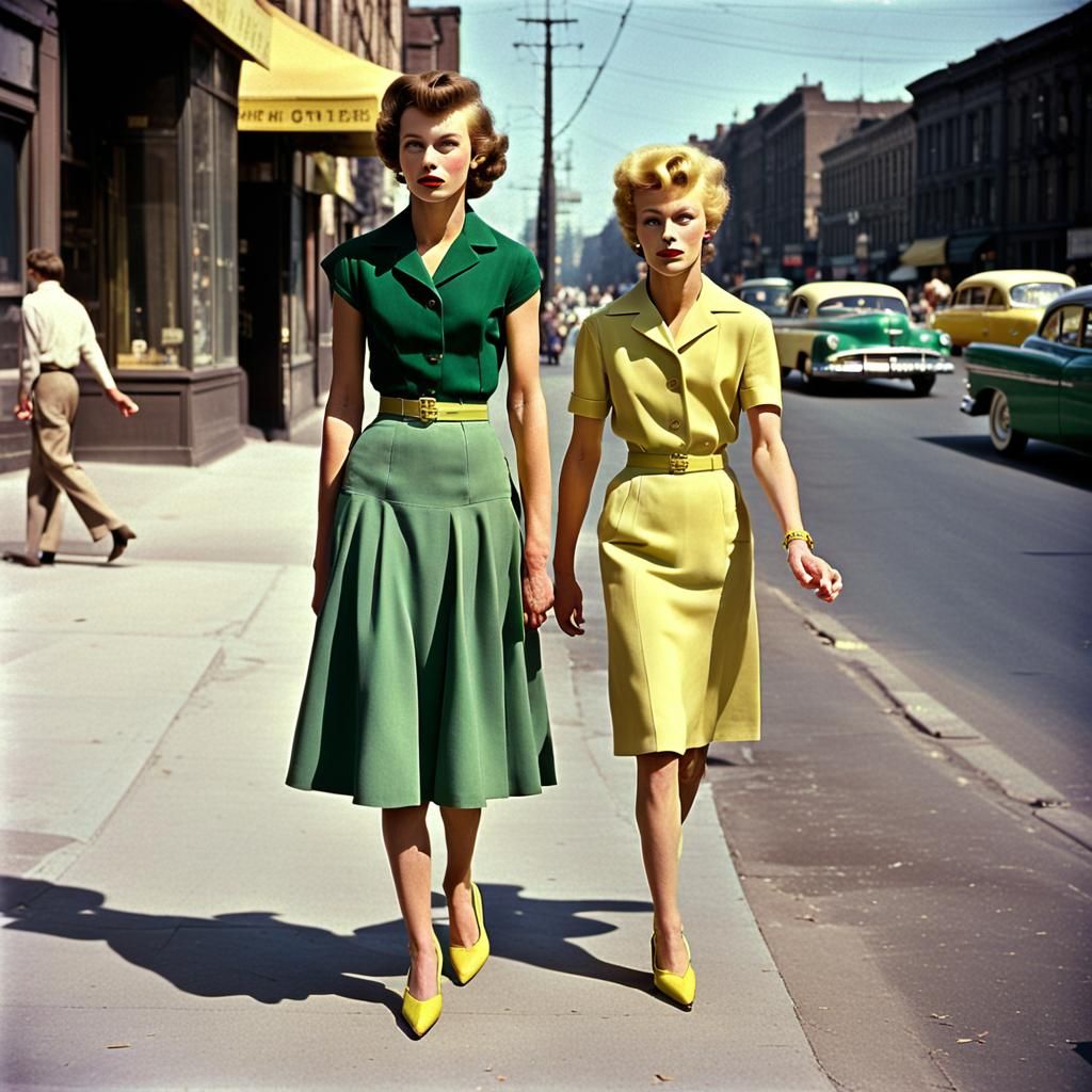 1950s City Street Scene with Teen in Heels