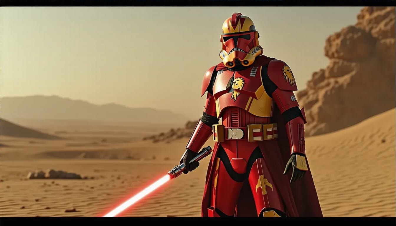 Clone Trooper Warrior on Desert Battlefield with Lightsaber