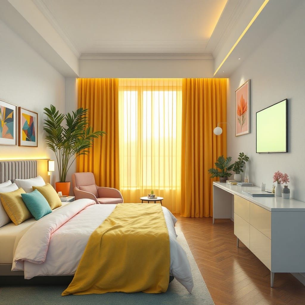 Hotel Room in Vaporwave Style with Pink and Yellow