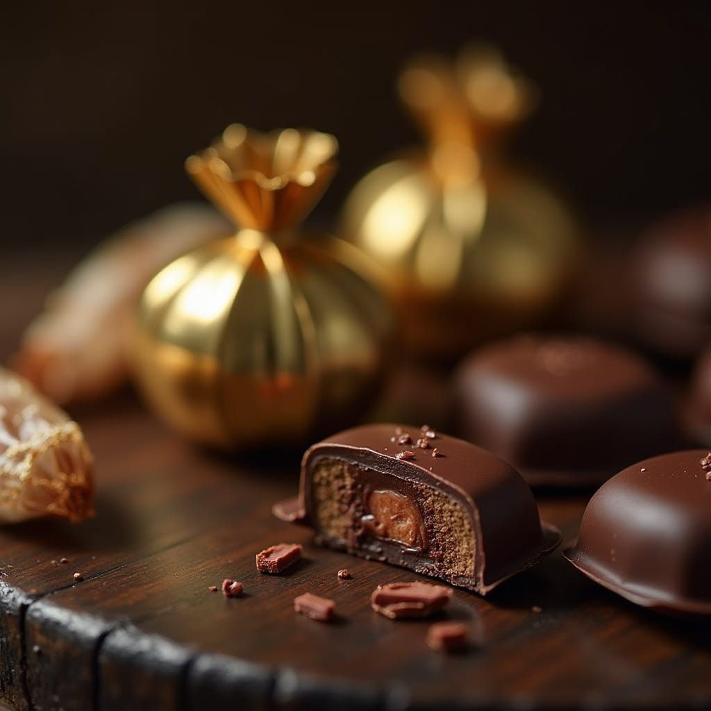 Colorful Chocolates on Wooden Table in Digital Art Style