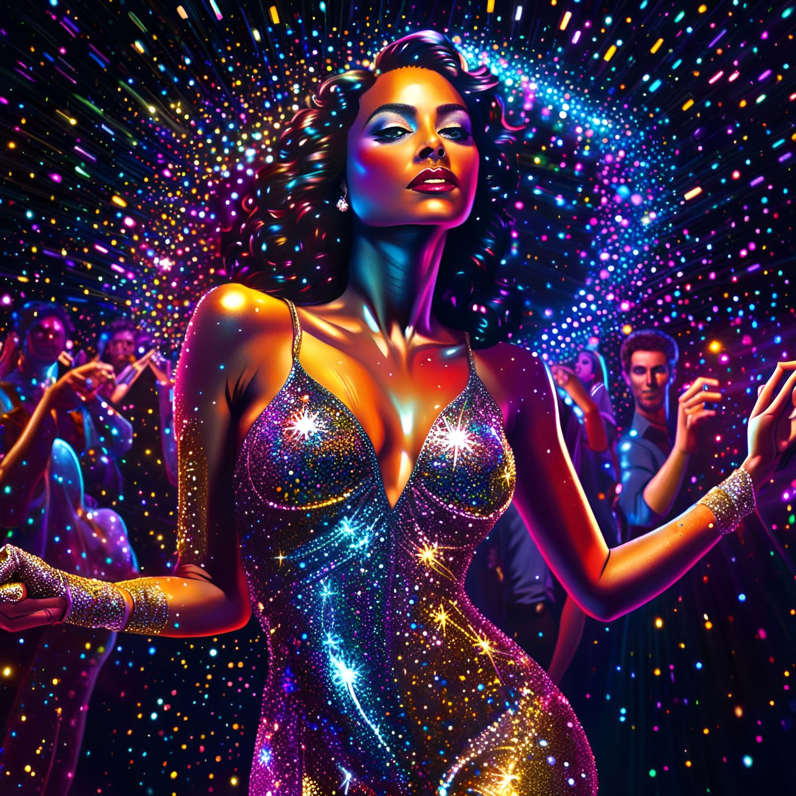 Glittering Woman Dancing in Neon Nightclub