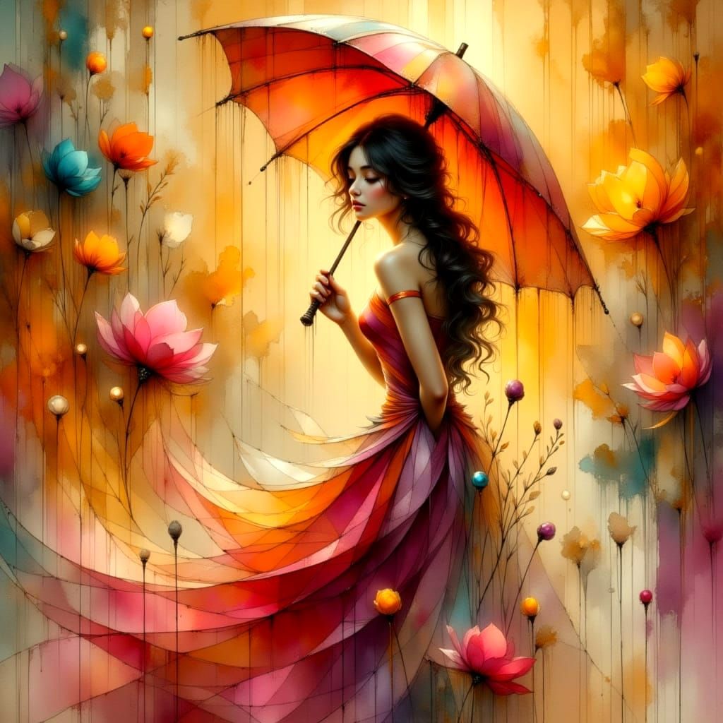 Modern Woman in Rainy Art Deco Ink Wash