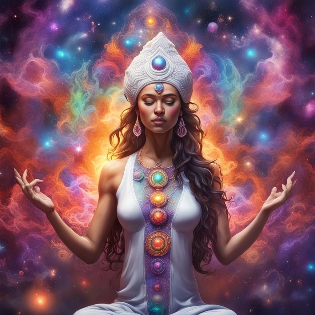 Goddess Meditating in Galaxy, Graffiti Art Style