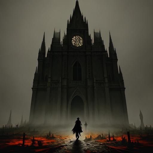 Baroque Horror: Gothic Tower and Crumbling Figure