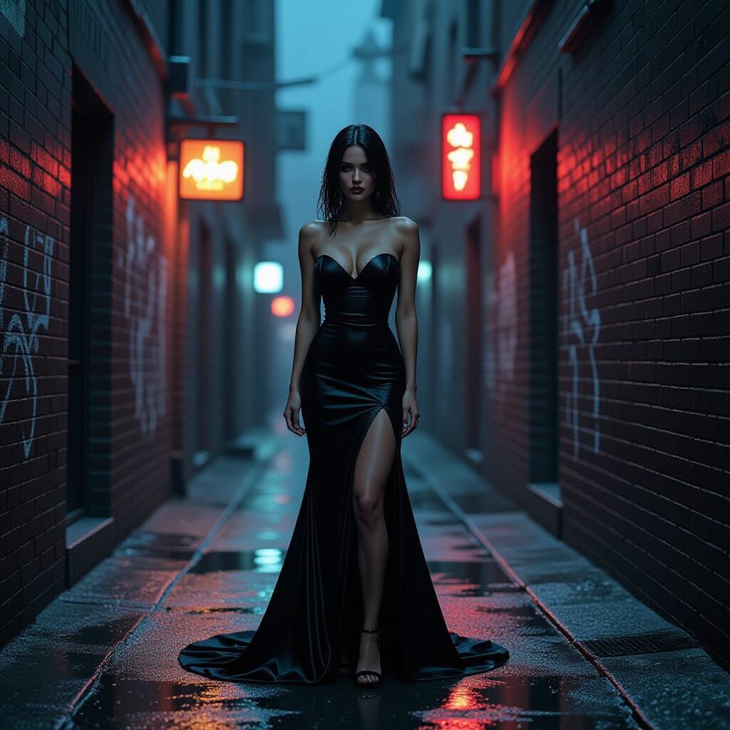 Gothic Beauty in Noir Alleyway, Film Noir Style