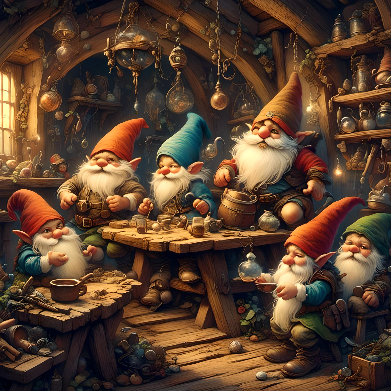 Gnomes in a gnome tavern, in the style of late 19th early 20...