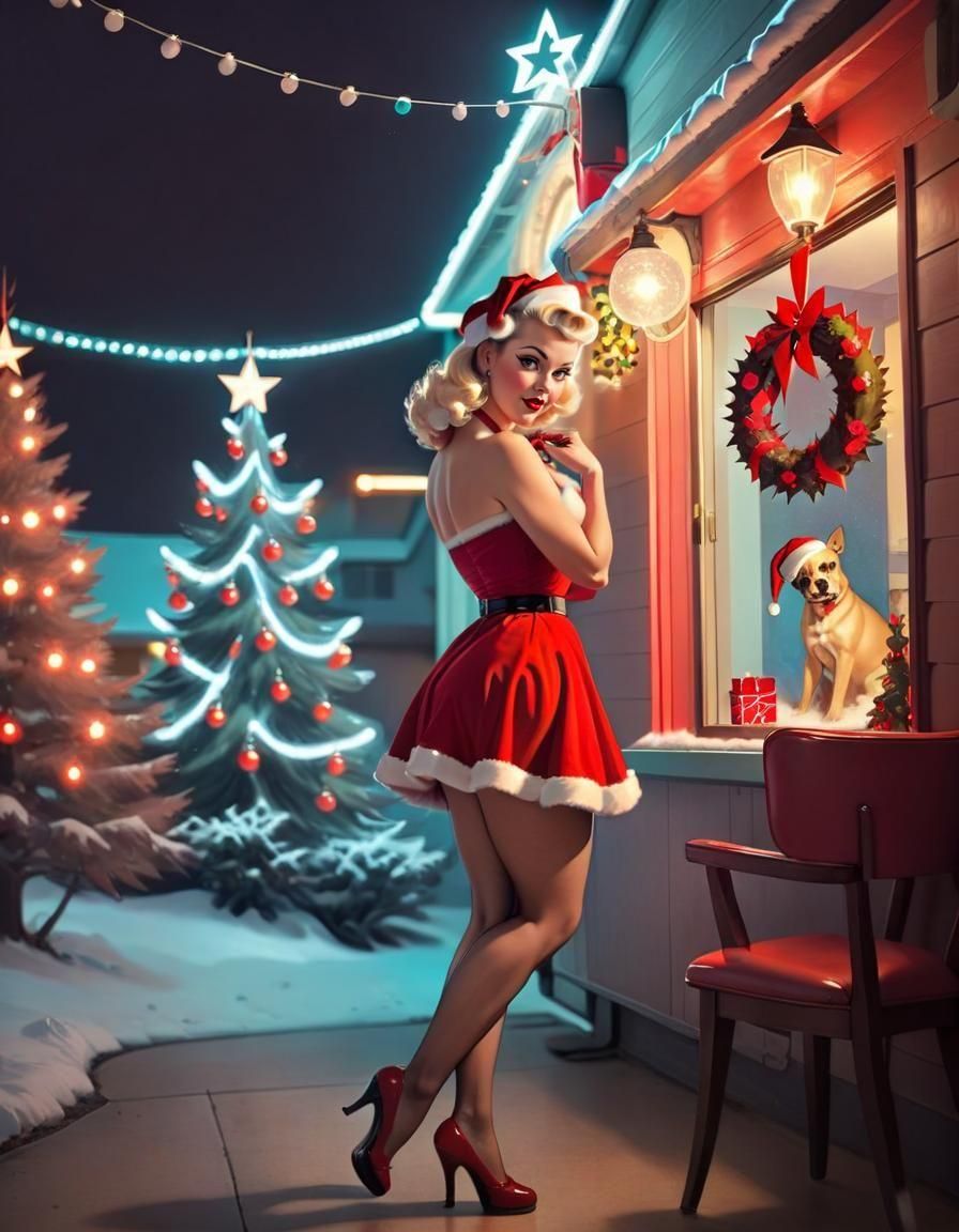 Sultry Retro Pinup Girl Celebrates Merry Christmas