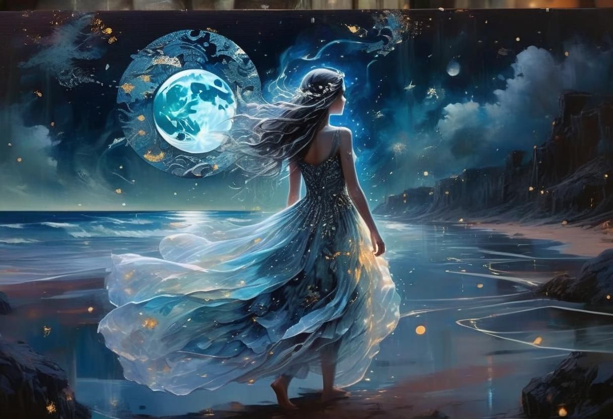 Bioluminescent Beach at Night: Ethereal Oil Painting