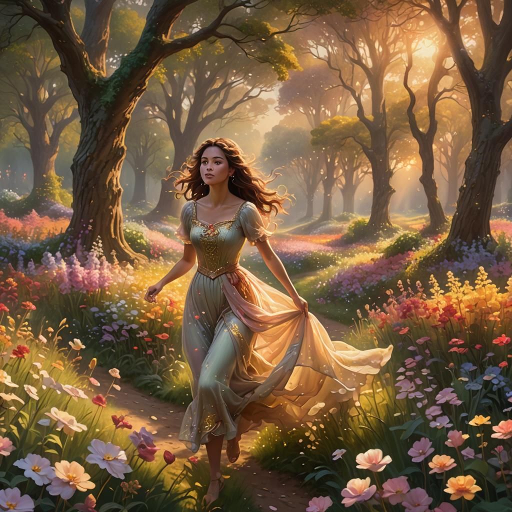 Woman in Flower Field: Ethereal Fantasy Digital Art