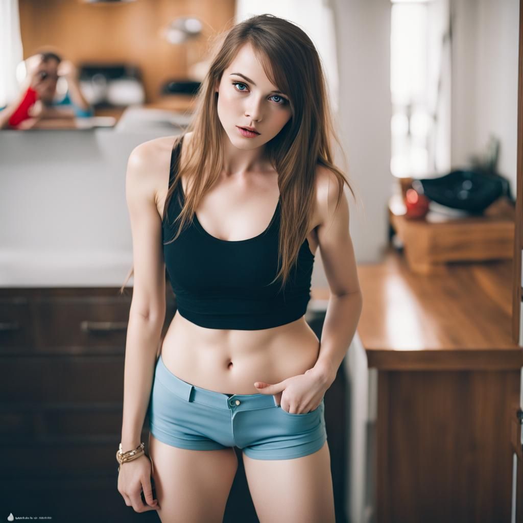 Young Woman in Bra and Shorts Digital Art