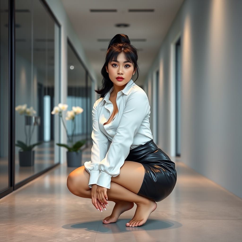 Sleek Modern Woman Crouches in Minimalist Office Hallway
