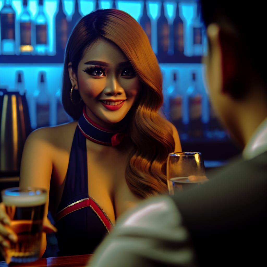 Cambodian Flight Attendant in Bar: Cinematic Film Still