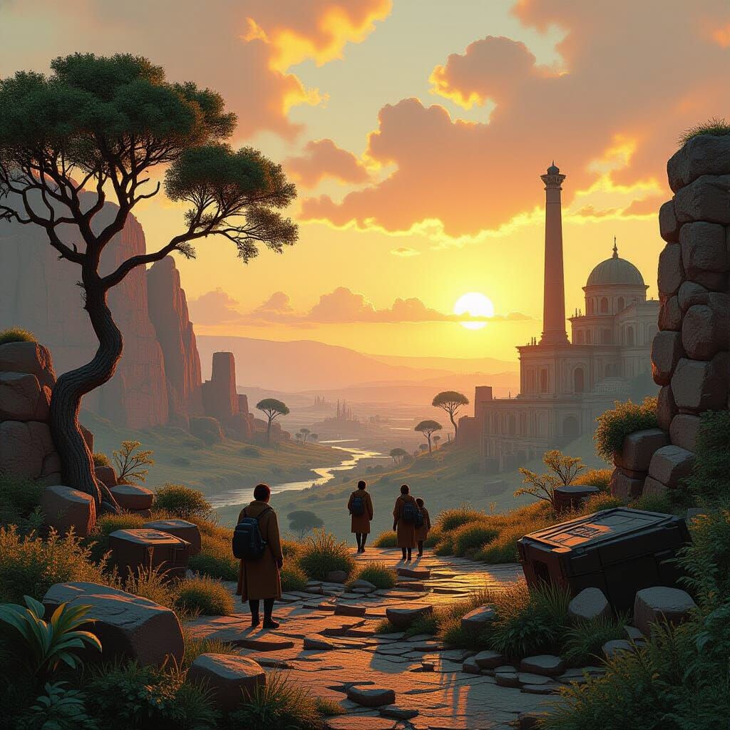 Atmospheric Ancient Landscape with People and Rich Vegetatio...