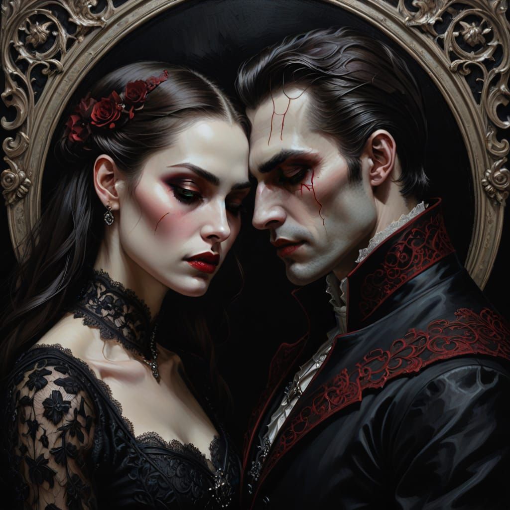 Gothic Vampire Couple in Romantic Oil Painting Style