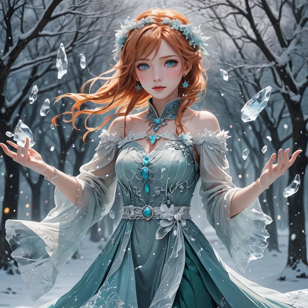 Icy Woman with Amber Hair in Anime Style