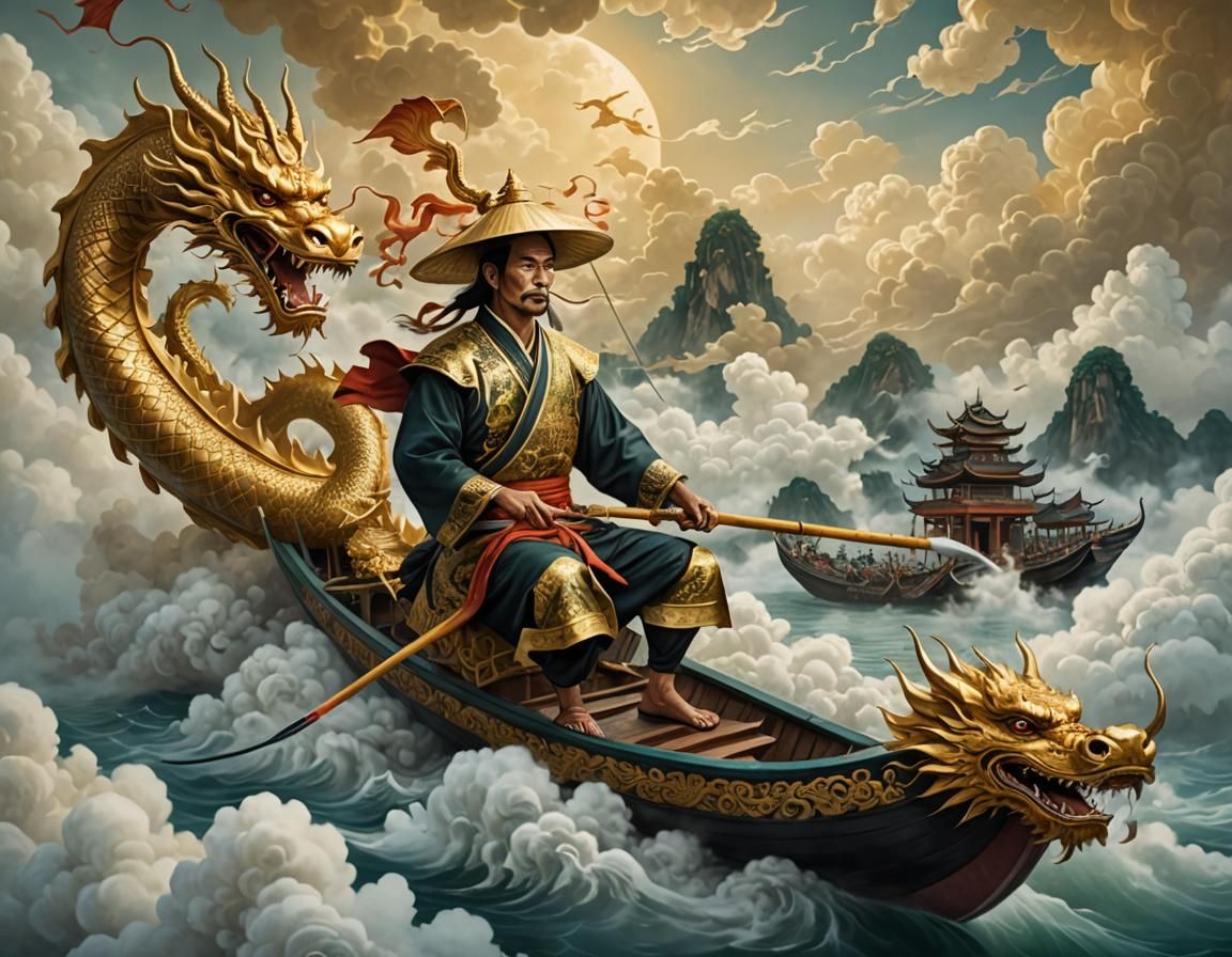 Vietnamese Fisherman on Golden Dragon Boat: Surreal Art