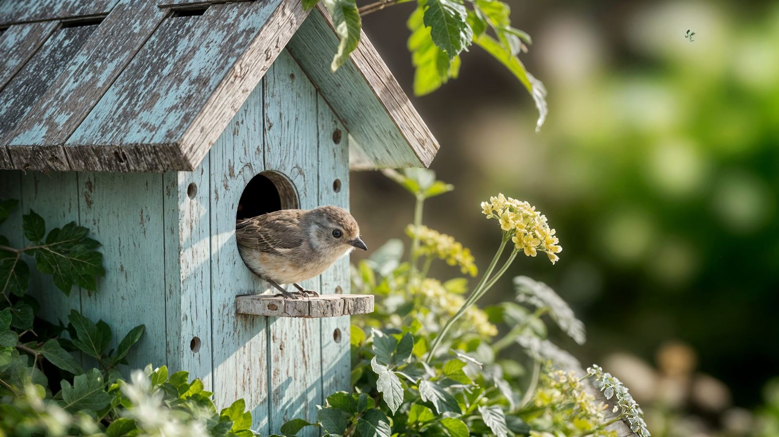 Weathered Birdhouse Among Lush Greenery