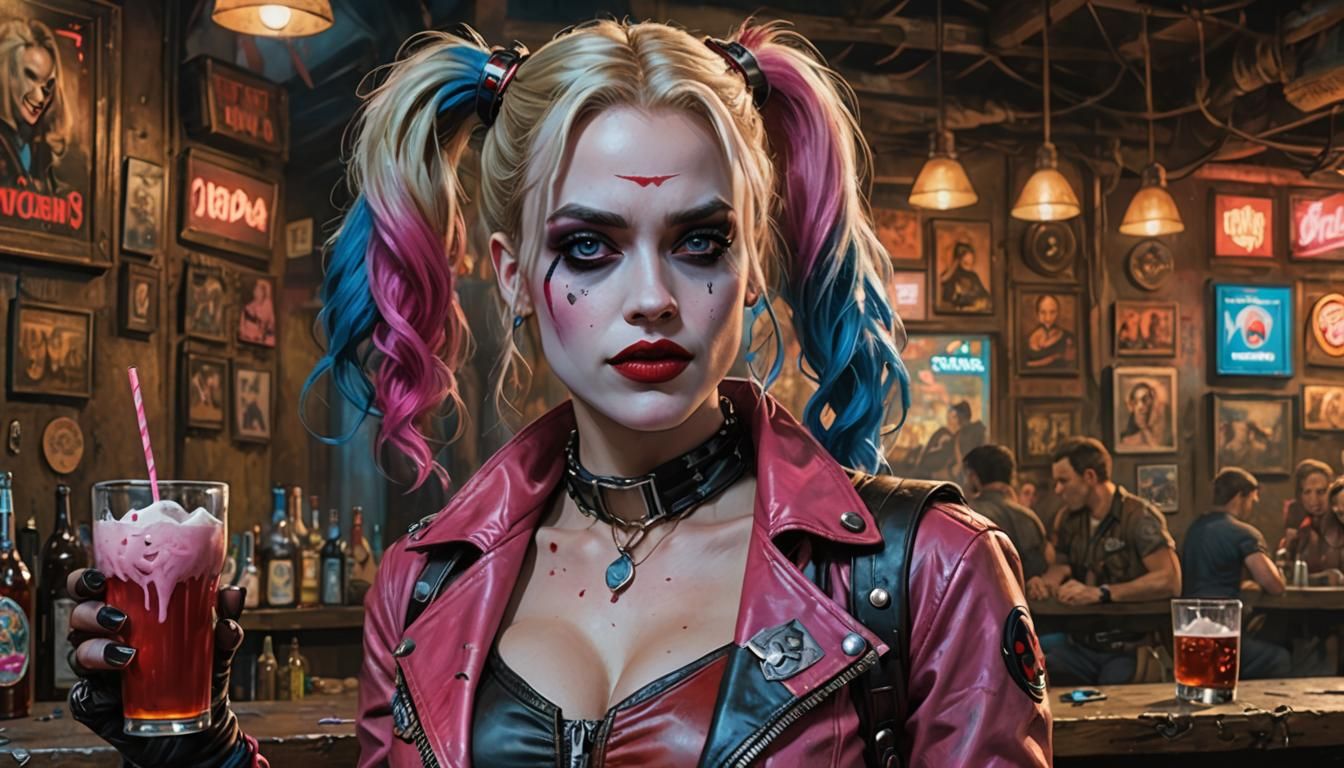 Harley Quinn in Apocalyptic Bar: Acrylic Painting
