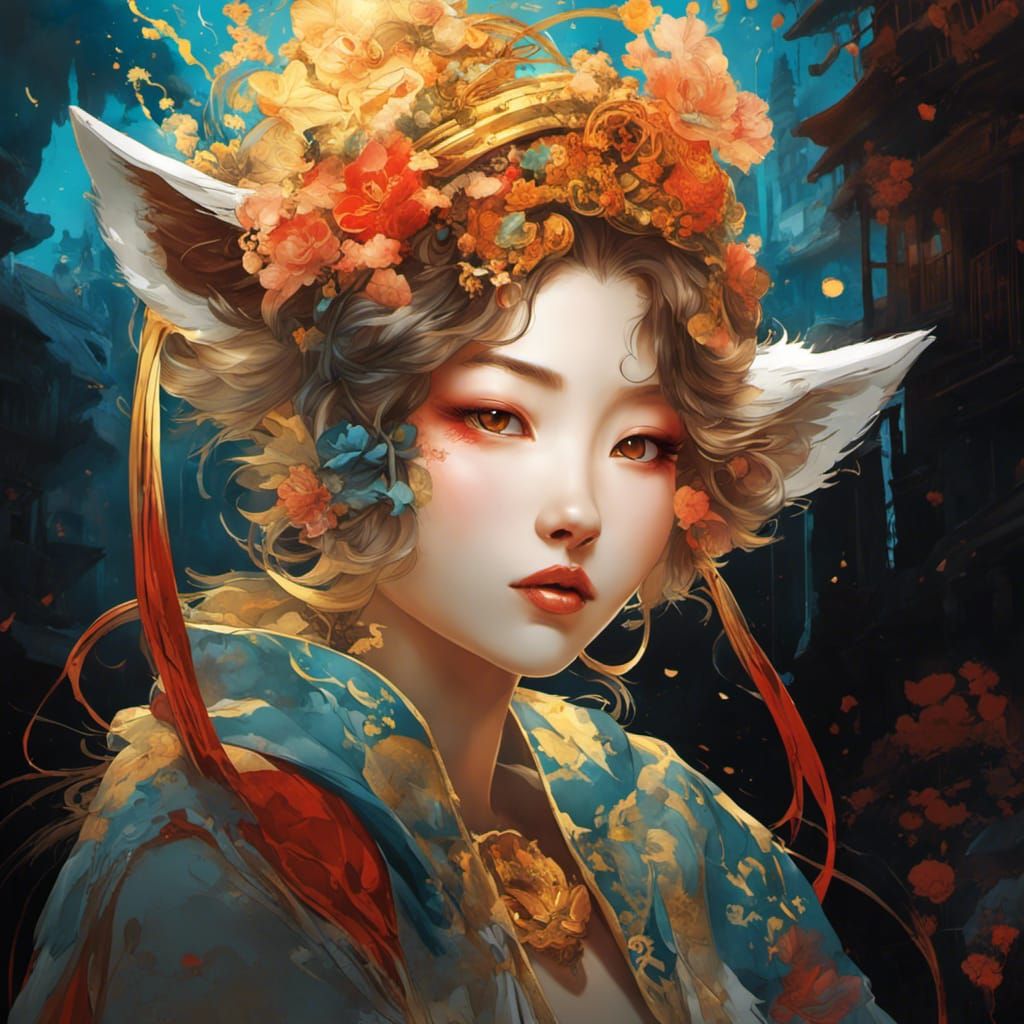Beautiful Asian Neko Yokai in Art Nouveau Style