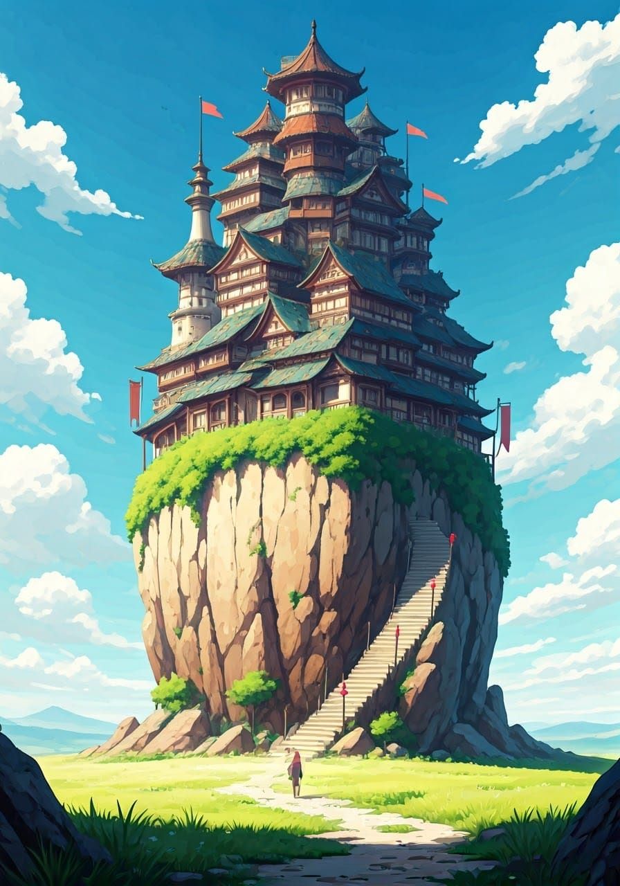 Fantasy Anime Tower Village Watercolor Illustration