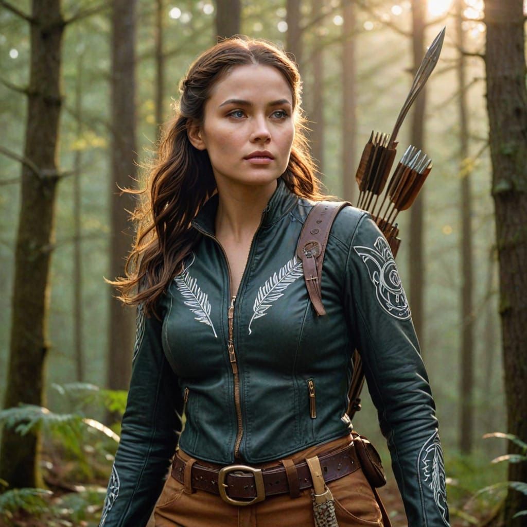 Strong Huntress Embracing Golden Forest Sunset