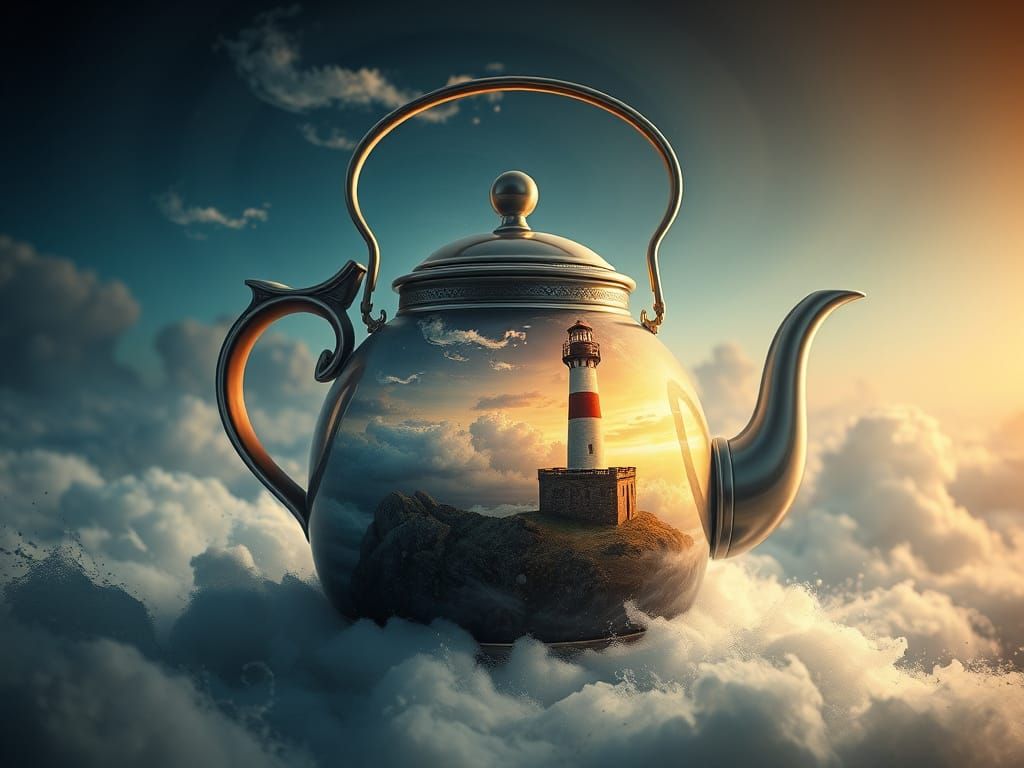 Lighthouse Scene on Tea Kettle, Detailed Matte Painting