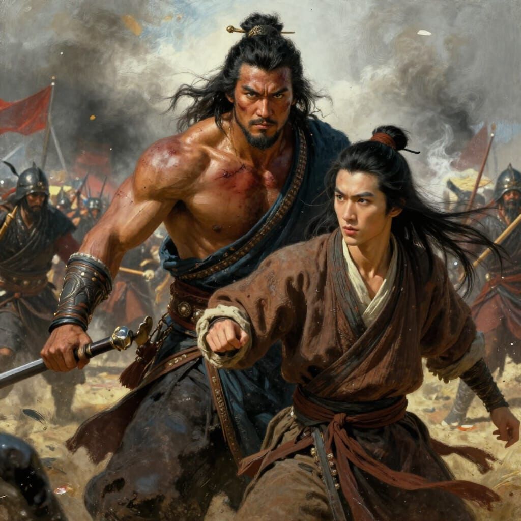 Mongol Warrior Prince Defends Asian Scholar on Battlefield