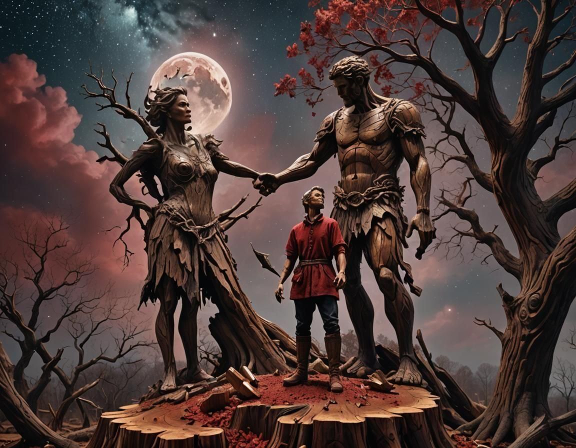 Wooden Carver and Carved Woman in Cosmic Scene