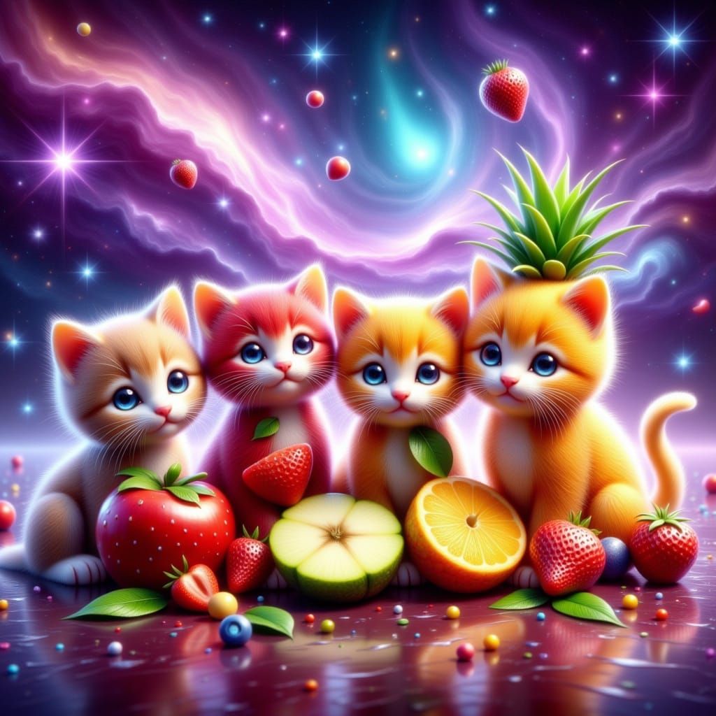 Hyperrealistic Fruit Kittens in Celestial Realism