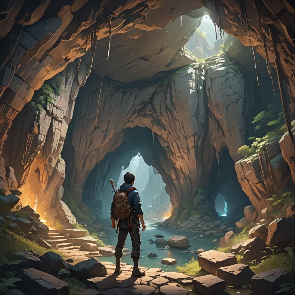 Explorer in Ancient Cave: 3D Anime Art