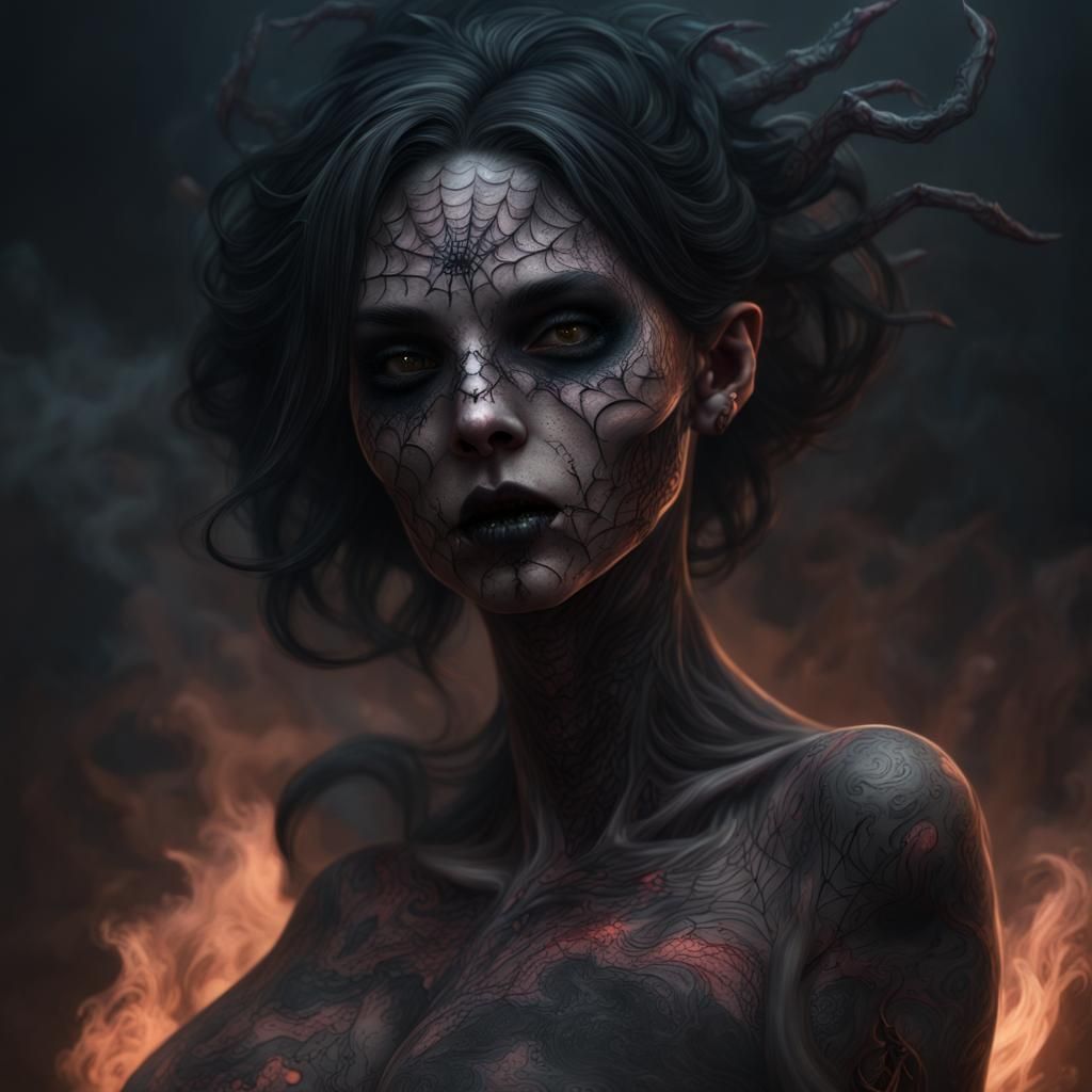 Eerie Ghoul with Spider Tattoos: Surreal Dark Fantasy