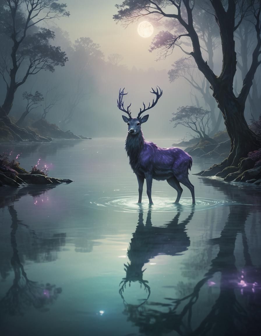 Luminous Water Deer Summoned by Druid: Watercolor Style
