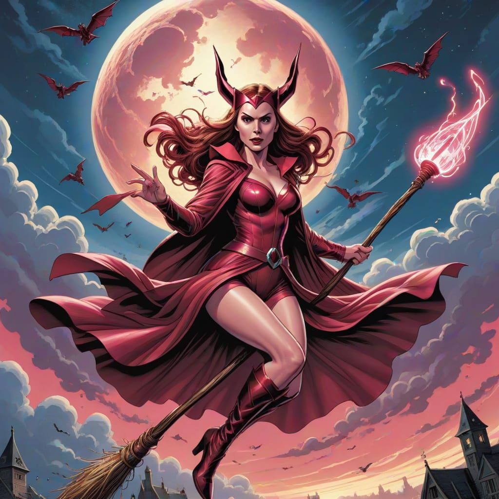 Scarlet Witch Soaring on Broomstick, Comic Book Art