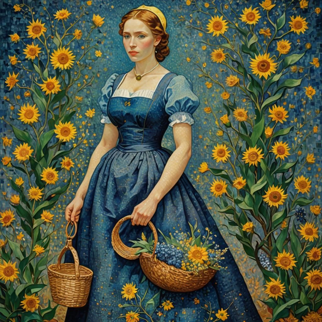 Beautiful Maid in Blue: Pointillism Folk Art