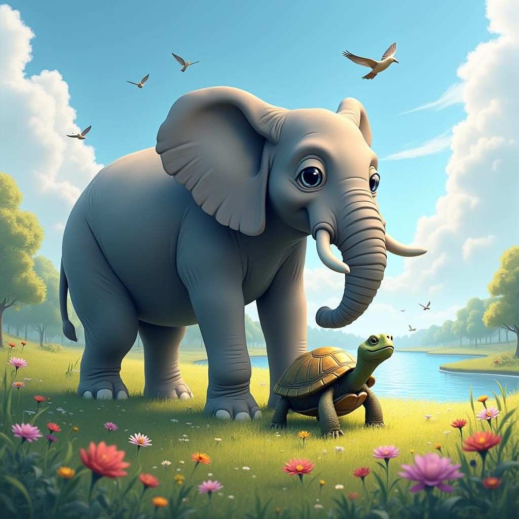 Elephant and Tortoise in a Verdant Landscape