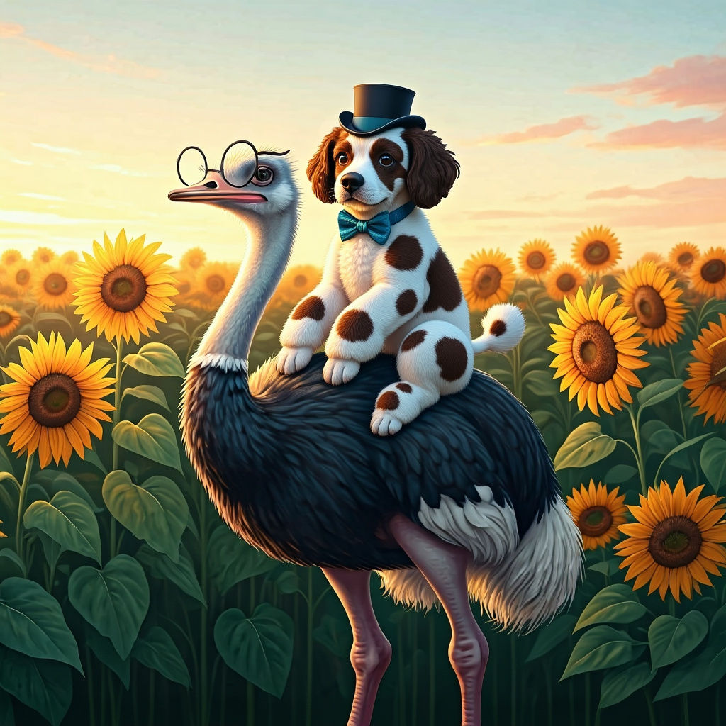 Spoodle Ostrich Sunflower Storybook Illustration