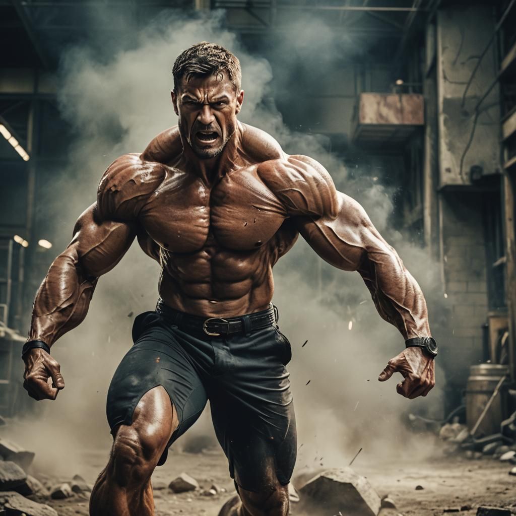 Muscular Man in Physical Exertion: Cinematic Film Still