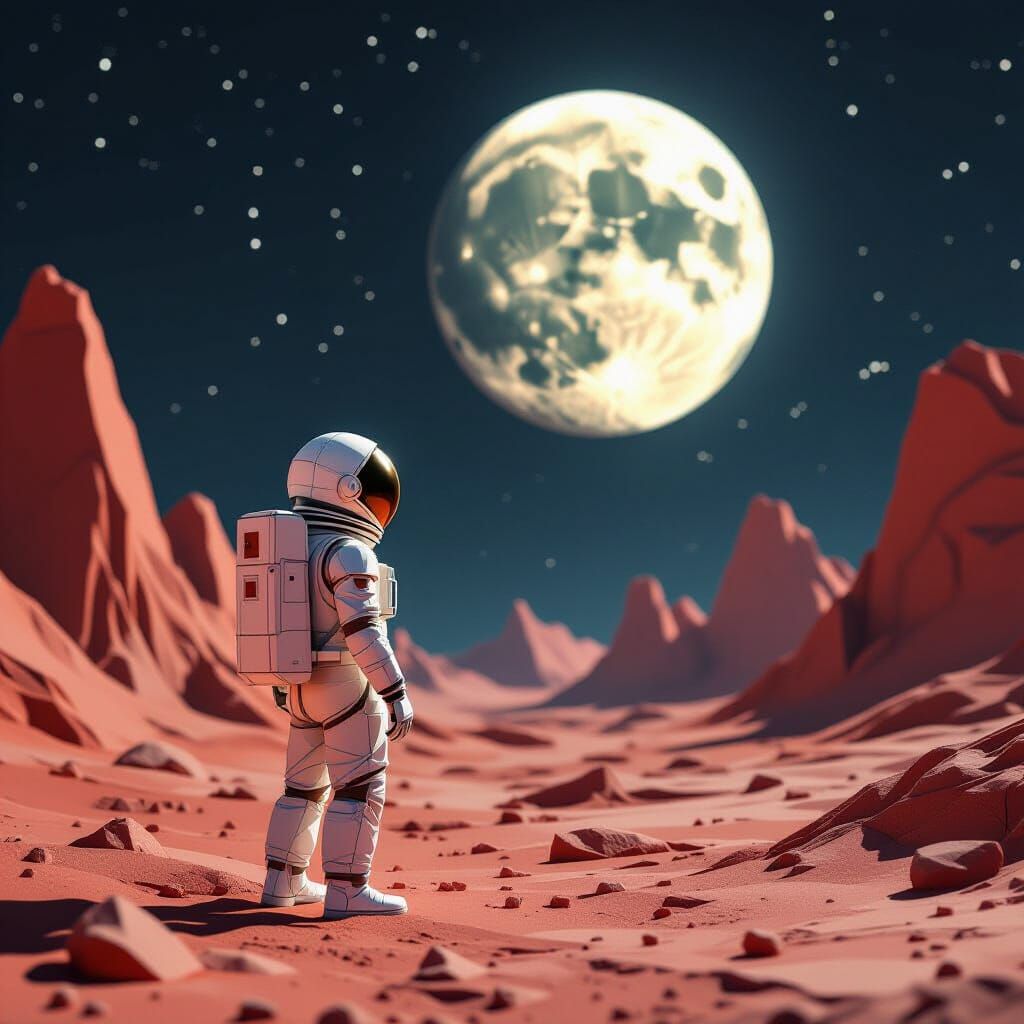 Astronaut and Paper Moon on Alien Planet