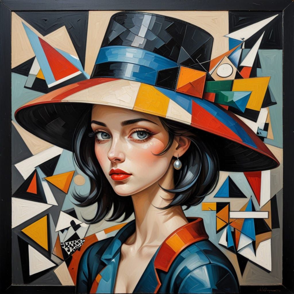 Woman Wearing a Fascinating Hat in a Cubist Surrealist Oil P...