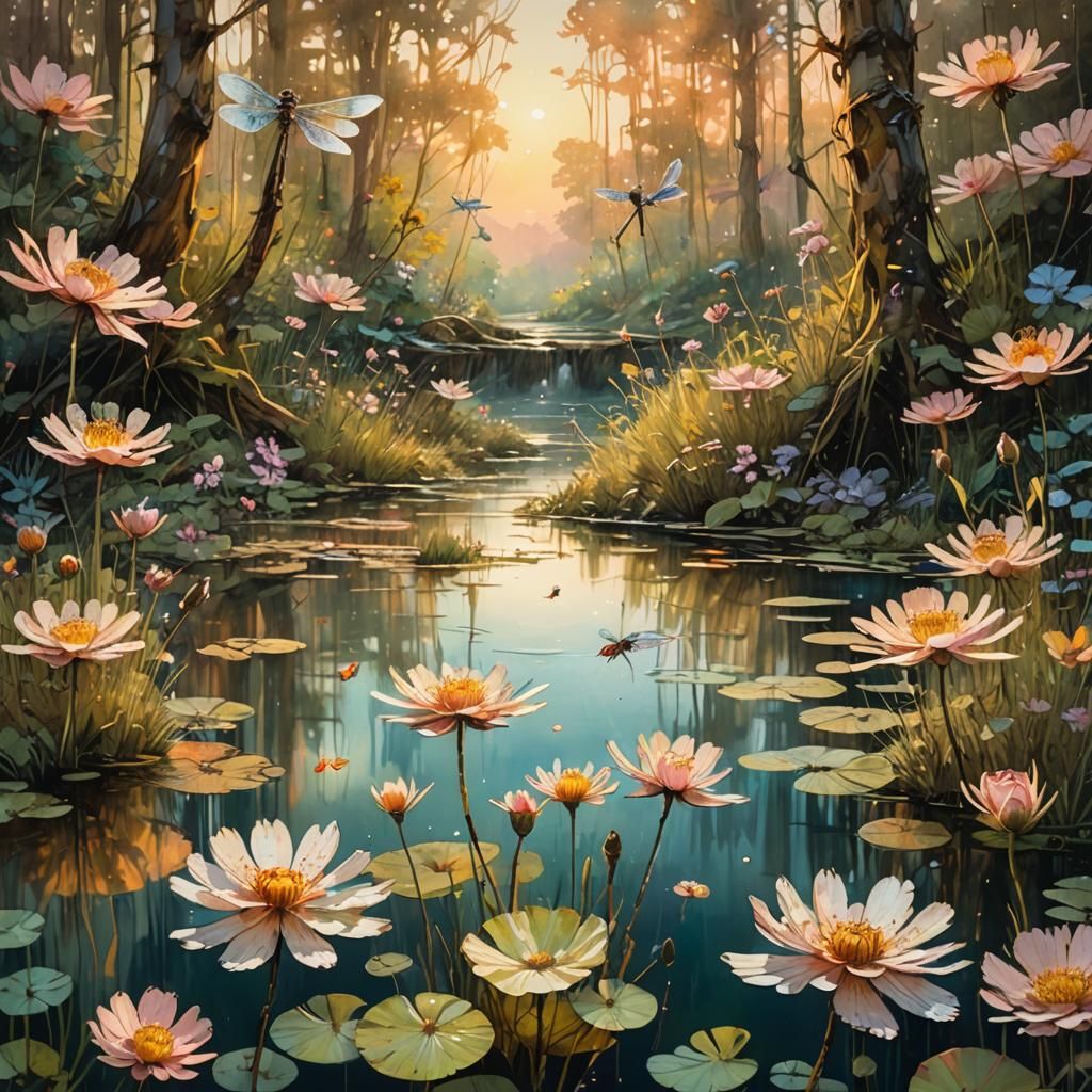 Dreamlike Forest Pond Painting in Pre-Raphaelite Style