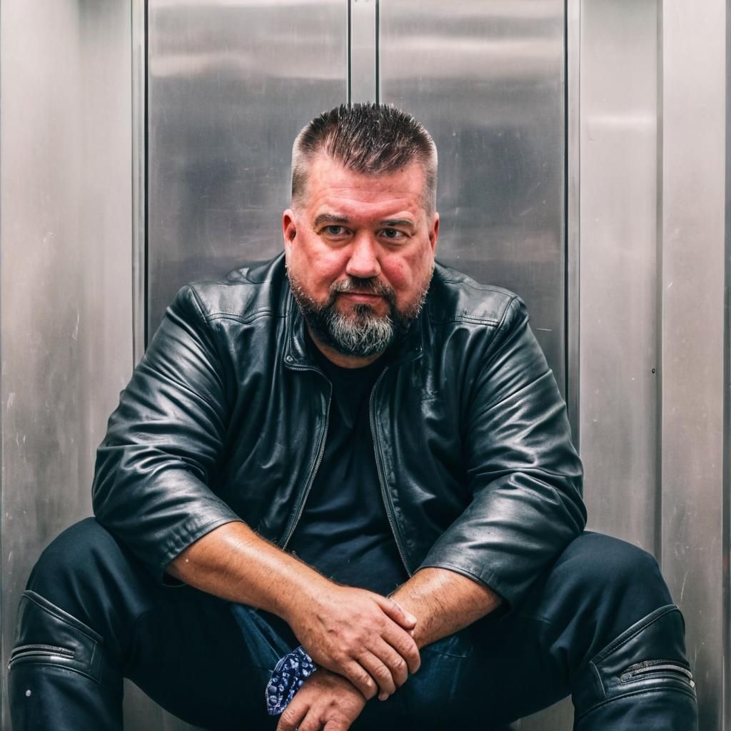 Biker Sickness in Elevator: Hyperrealistic Smartphone Photo