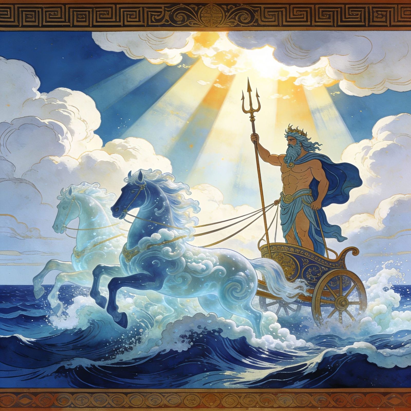 Poseidon's Chariot in Classical Greek Vase Painting Style