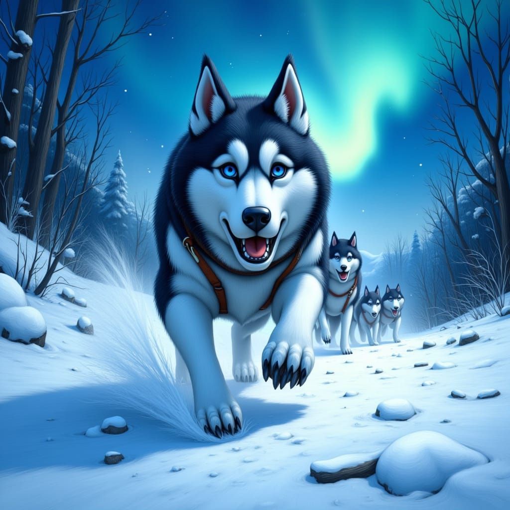 Husky Sled Dog Rita Running Fast Under Aurora